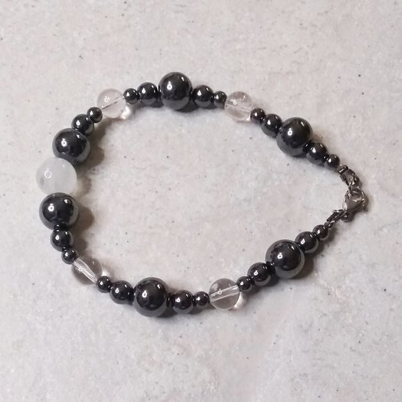 Extra Large Hematite + Quartz Bracelet - fits 8.5" Wrist! Memory Calm + Clarity - Picture 3 of 9